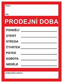PRODEJNÍ DOBA A4 - plast. cedulka - červená