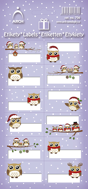 Vánoční etikety - sovy dekor